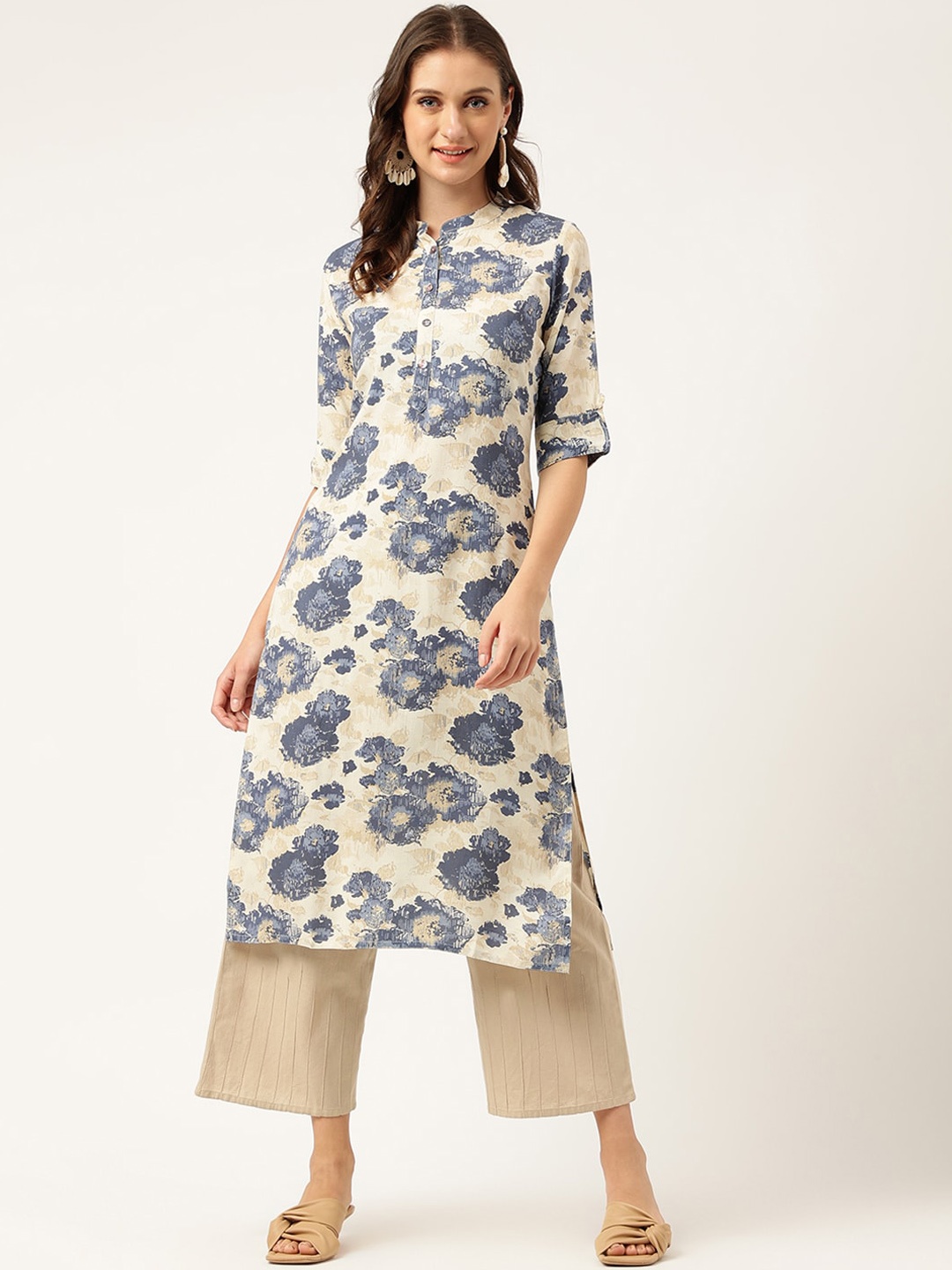 

Divena Floral Printed Roll-Up Sleeves A-Line Kurta, Beige