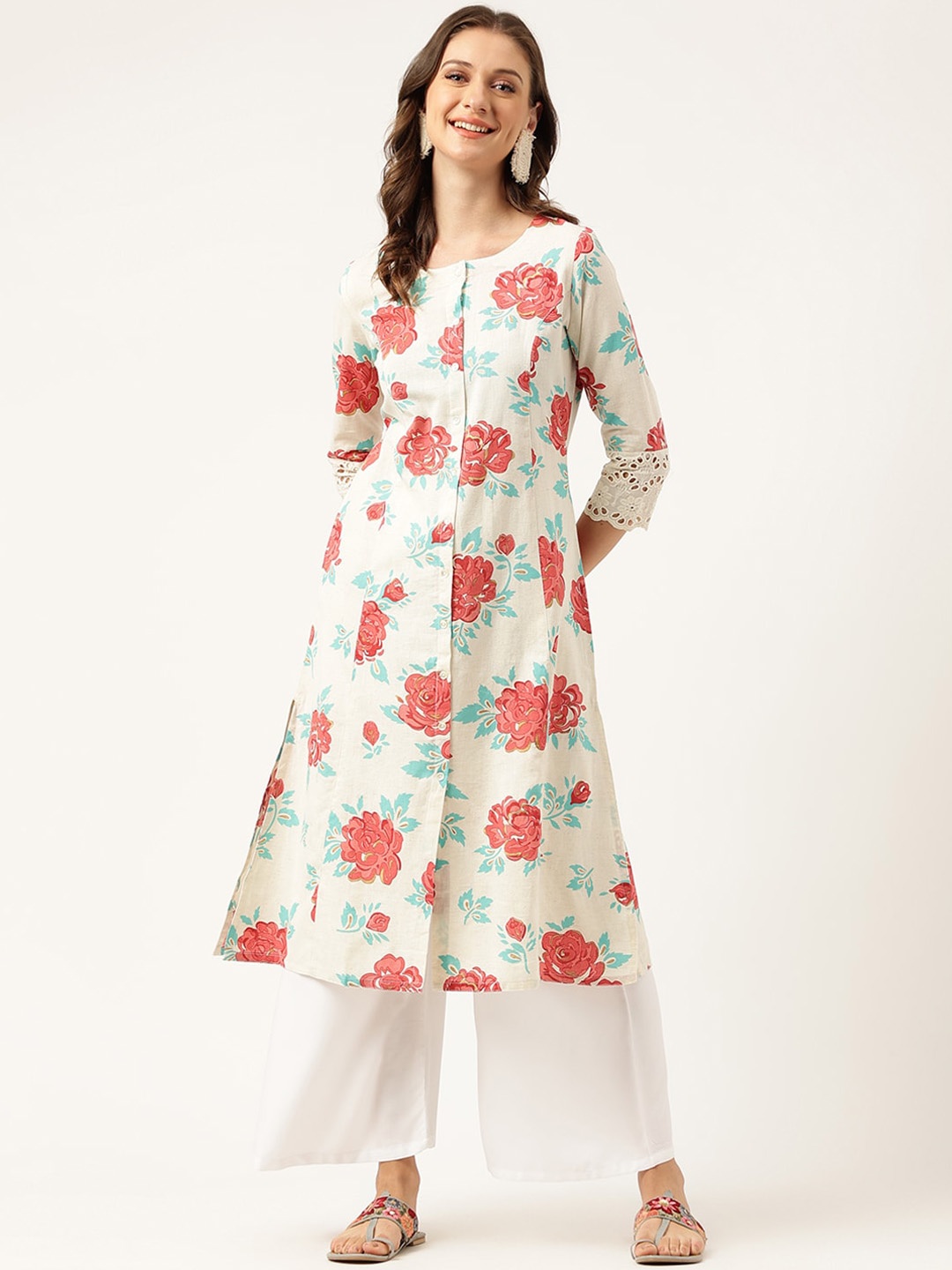 

Divena Floral Printed Lace Detail A-Line Cotton Kurta, Off white