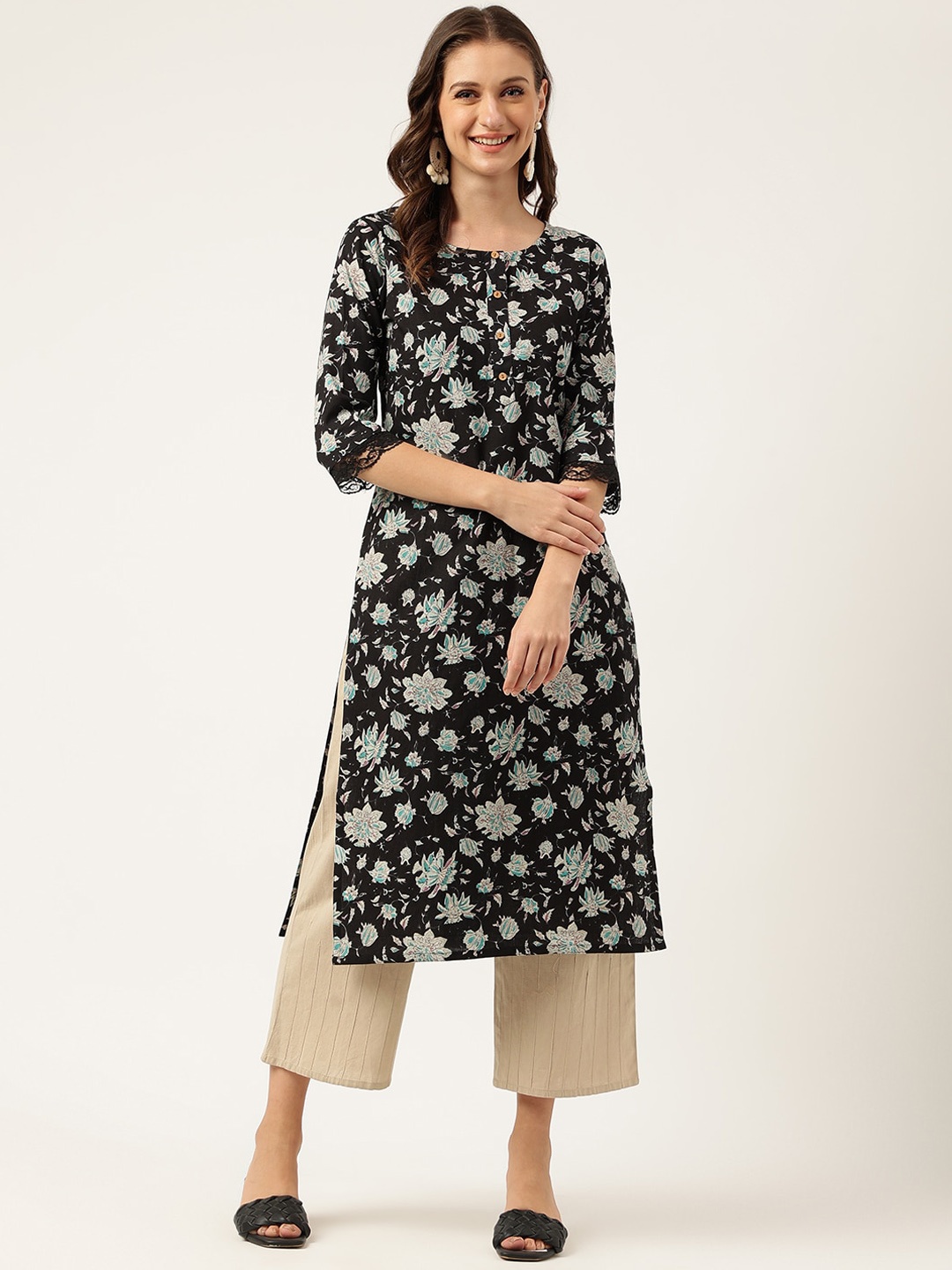 

Divena Floral Printed Lace Detail Cotton Kurta, Black