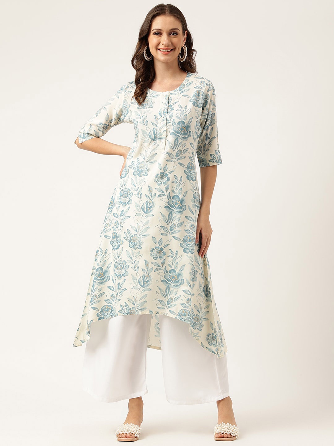 Divena Floral Printed Asymmetric A-Line Cotton Kurta, White