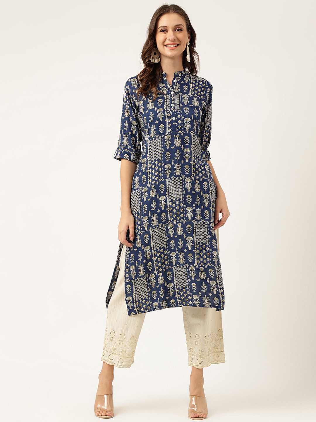 

Divena Ethnic Motifs Printed Mandarin Collar Kurta, Navy blue