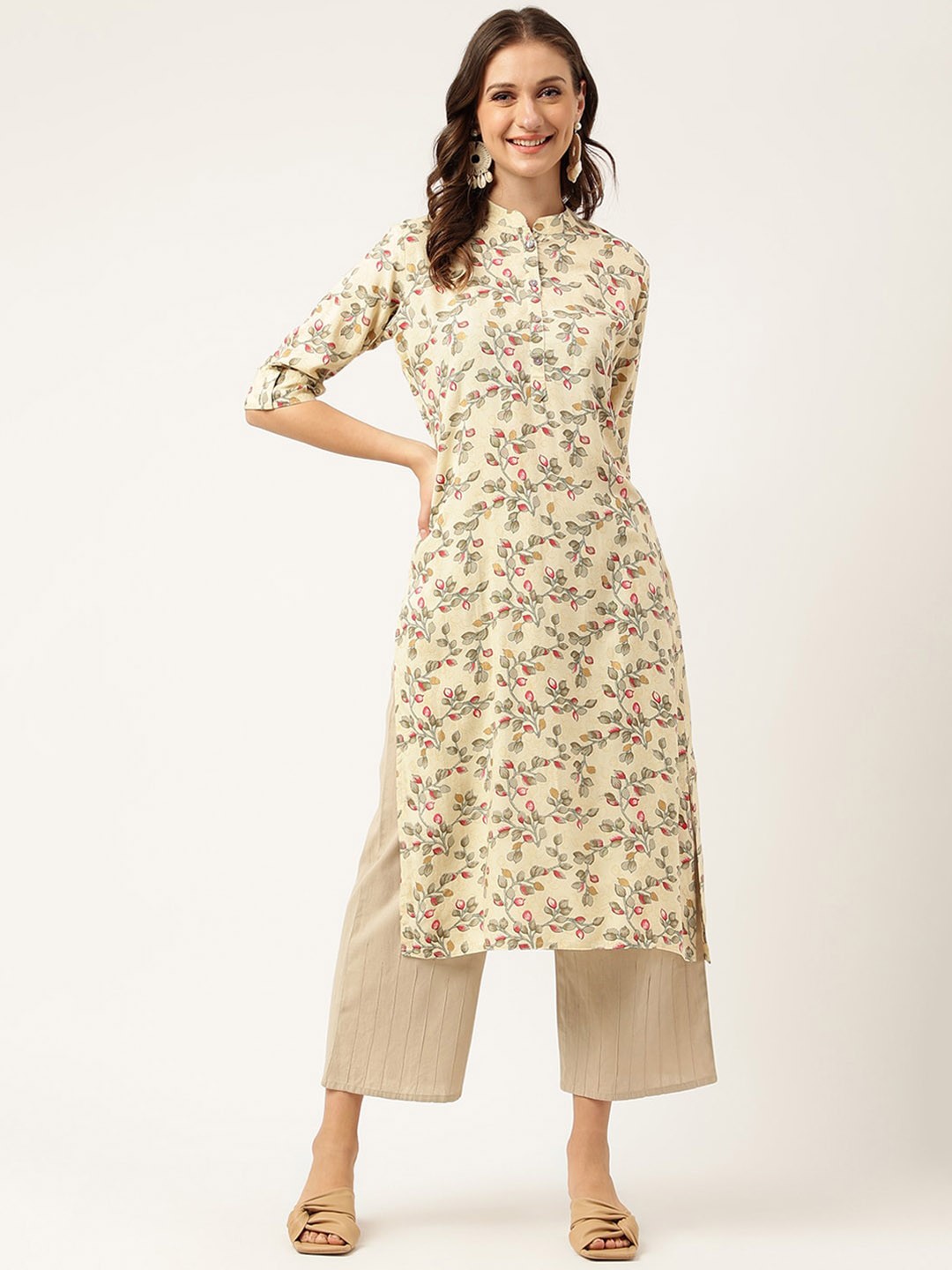 

Divena Floral Printed Mandarin Collar A-Line Kurta, Beige
