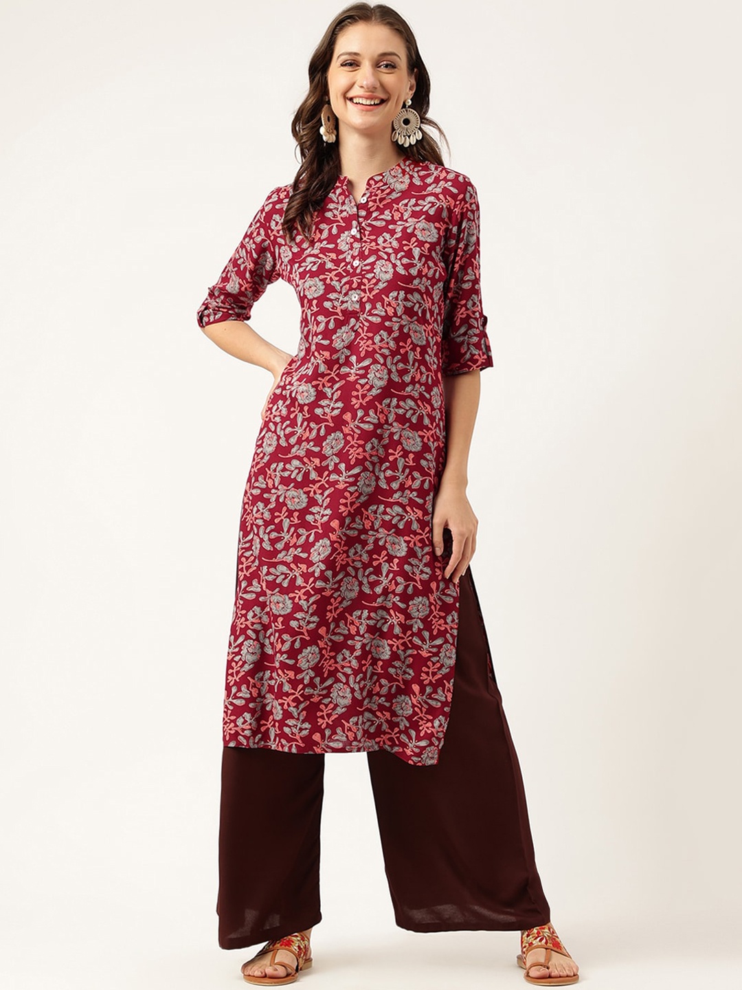 

Divena Women Maroon Printed Mandarin Collar Roll-Up Sleeves Kurta