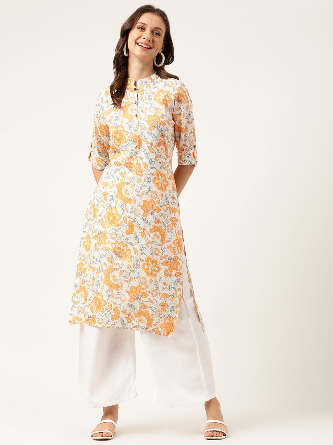 

Divena Mandarin Collar Floral Printed A-Line Kurta, Off white