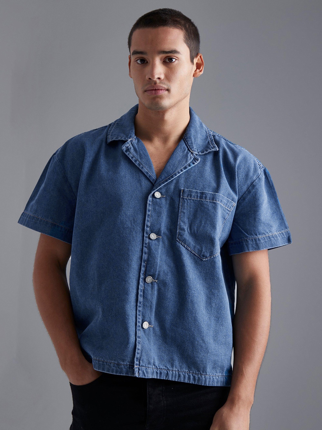 

boohooMAN Pure Cotton Boxy Denim Casual Shirt, Blue