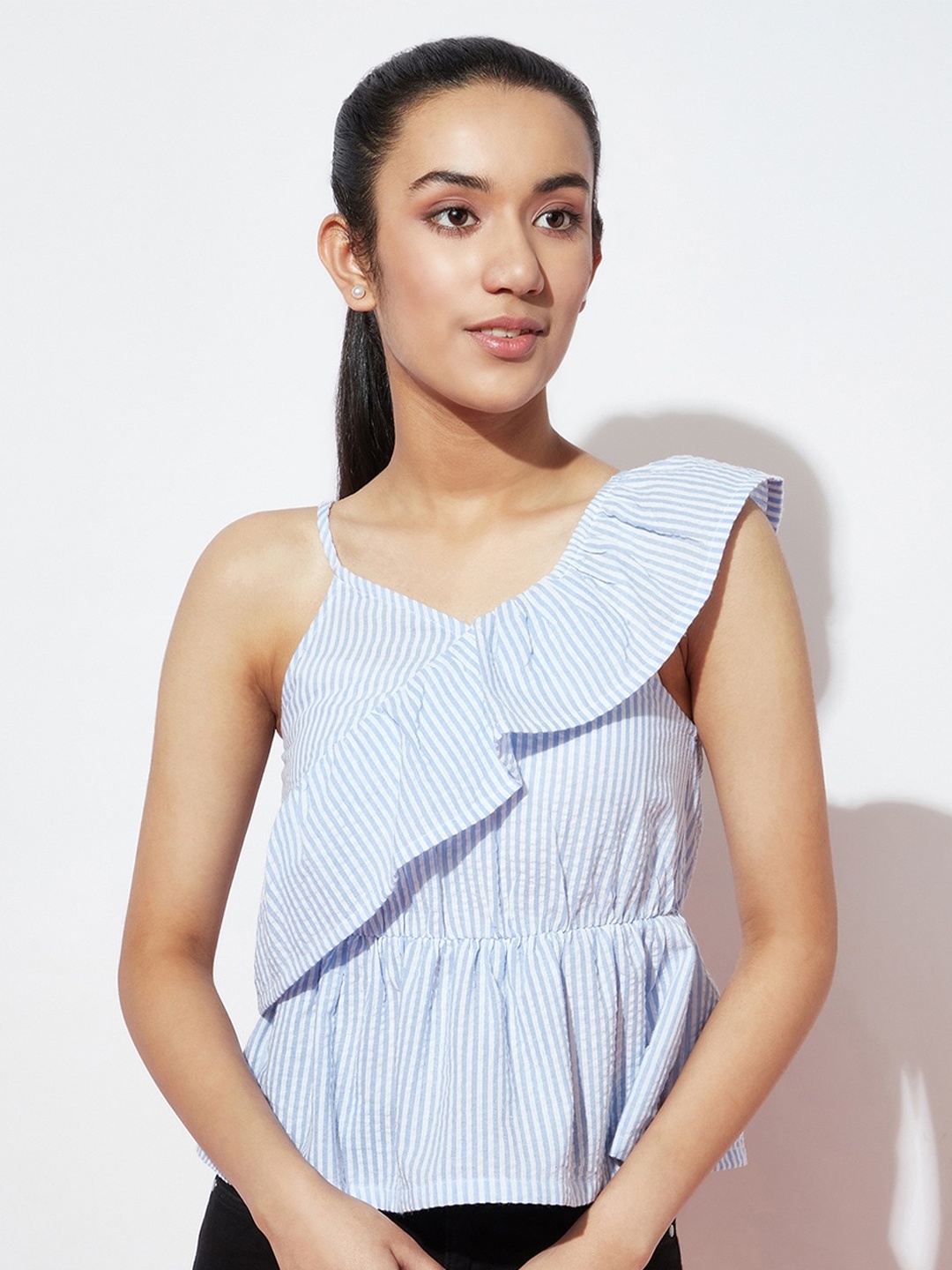 

SPUNKIES Striped Ruffled Peplum Cotton Top, Blue