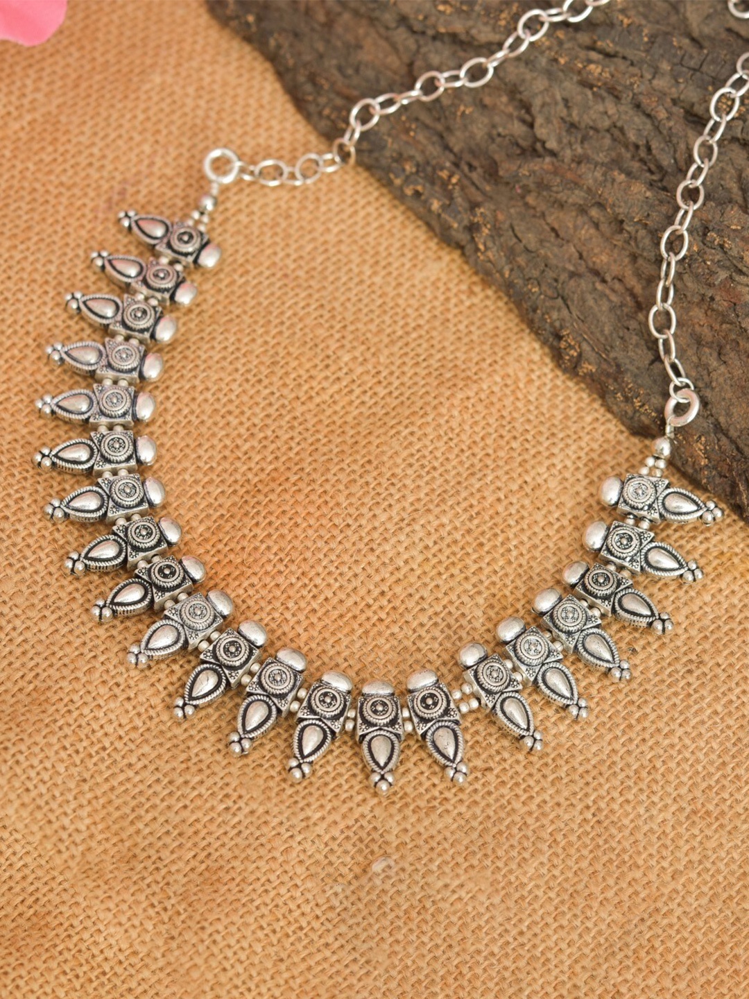 

ROHINIKA Brass Oxidised Chokar Necklace, Silver