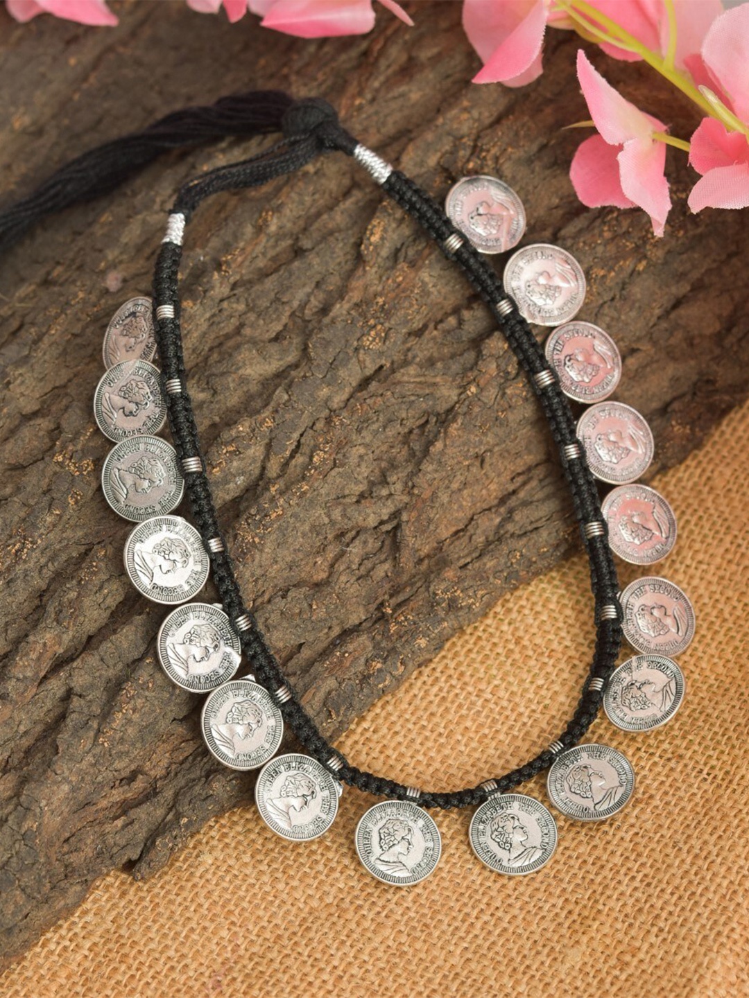 

ROHINIKA Coin Brass Oxidised Necklace, Silver