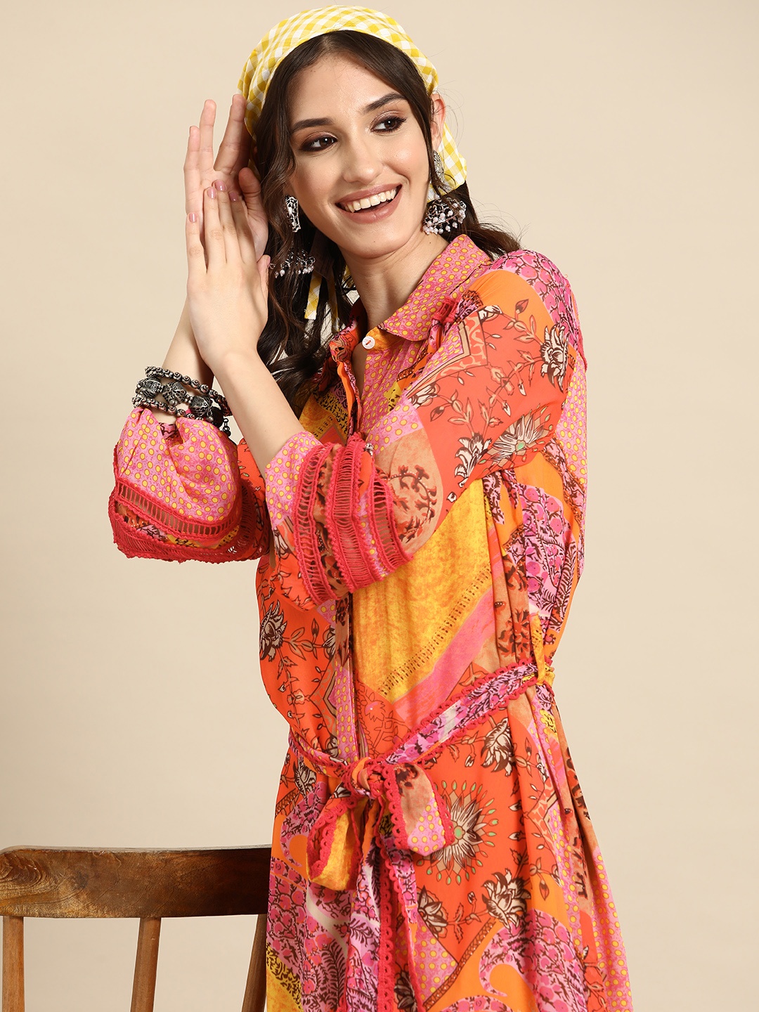 

Sangria Floral Print Puff Sleeves Georgette A-Line Midi Ethnic Dress With Belt, Orange