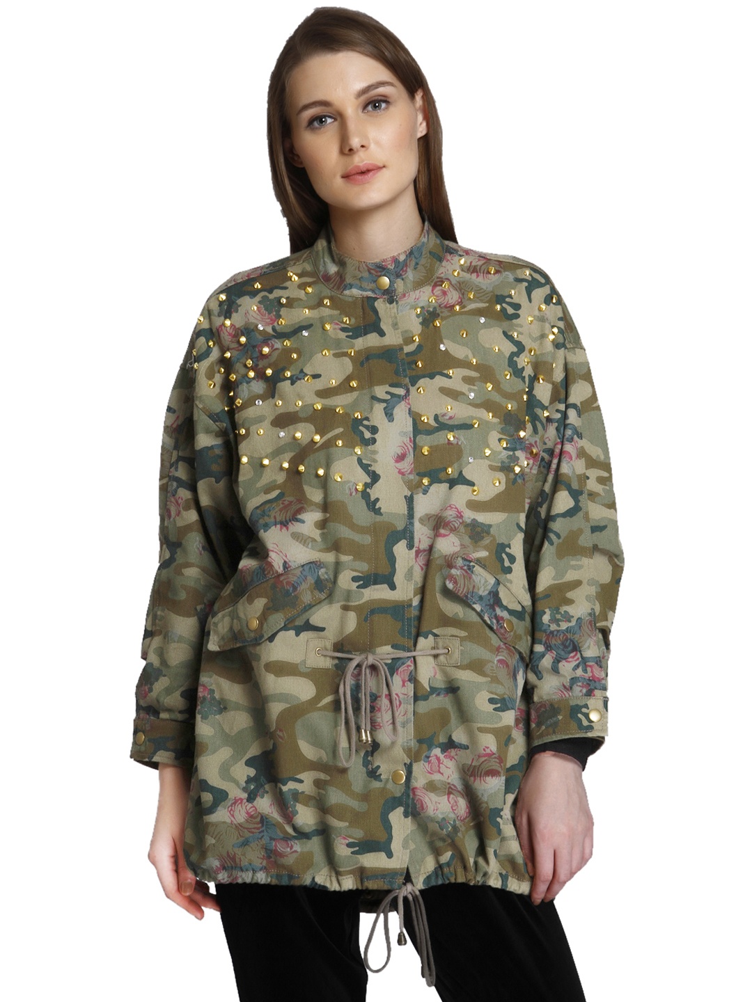 

ONLY Women Olive Green & Brown Printed Longline Parka Jacket