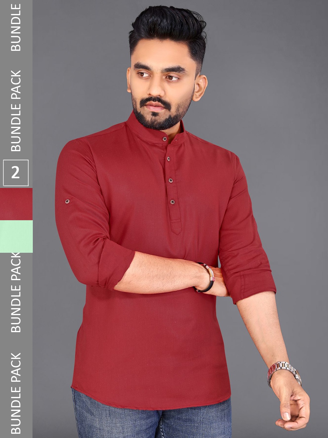 

ADWYN PETER Pack of 2 Mandarin Collar Short Kurta, Maroon