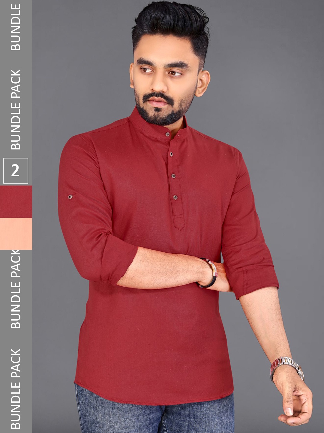 

ADWYN PETER Pack Of 2 Mandarin Collar Cotton Kurtas, Maroon