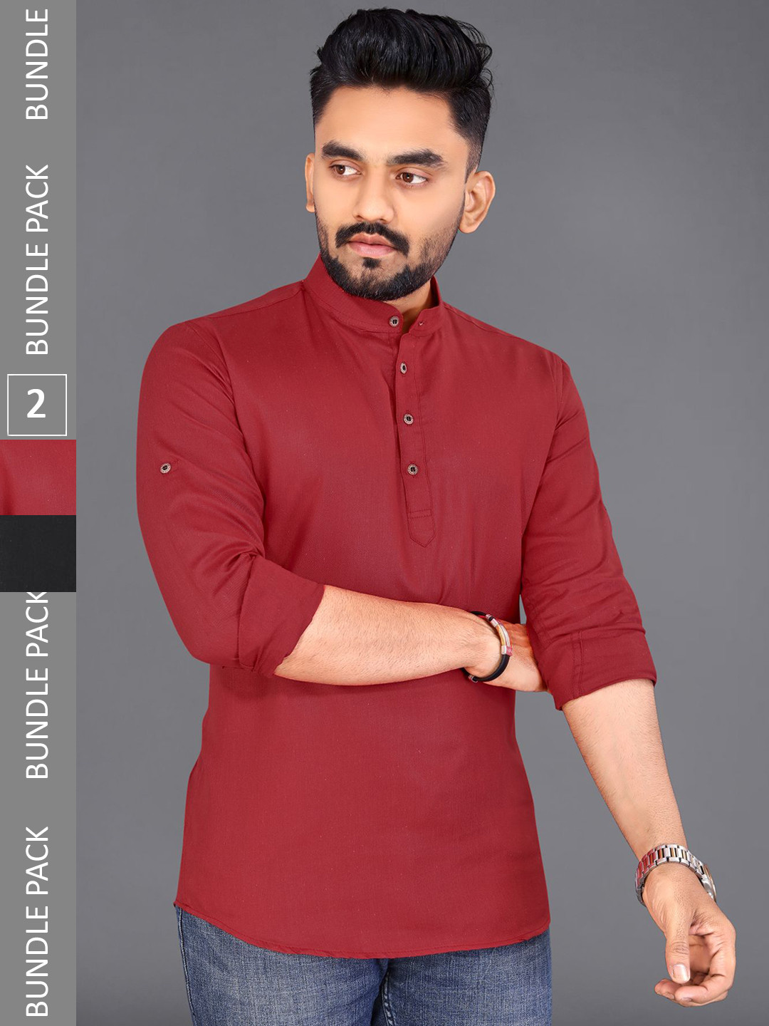 

ADWYN PETER Pack Of 2 Band Collar Cotton Short Kurtas, Maroon