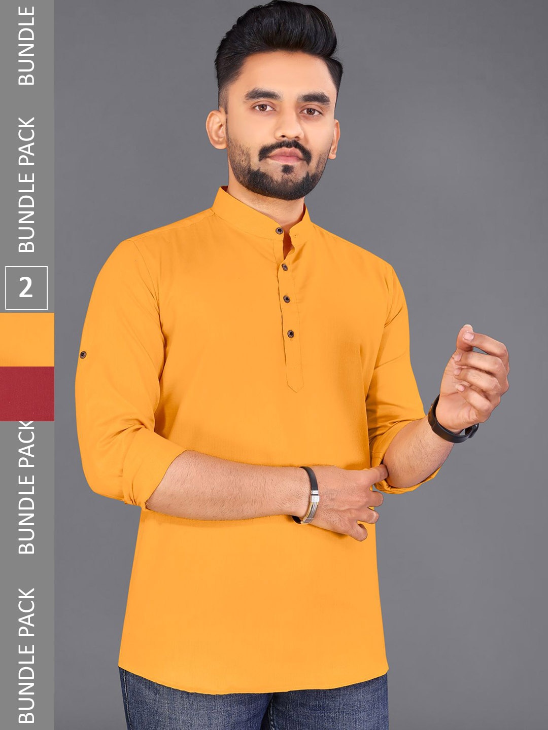 

ADWYN PETER Pack Of 2 Mandarin Collar Cotton Short Kurta, Yellow