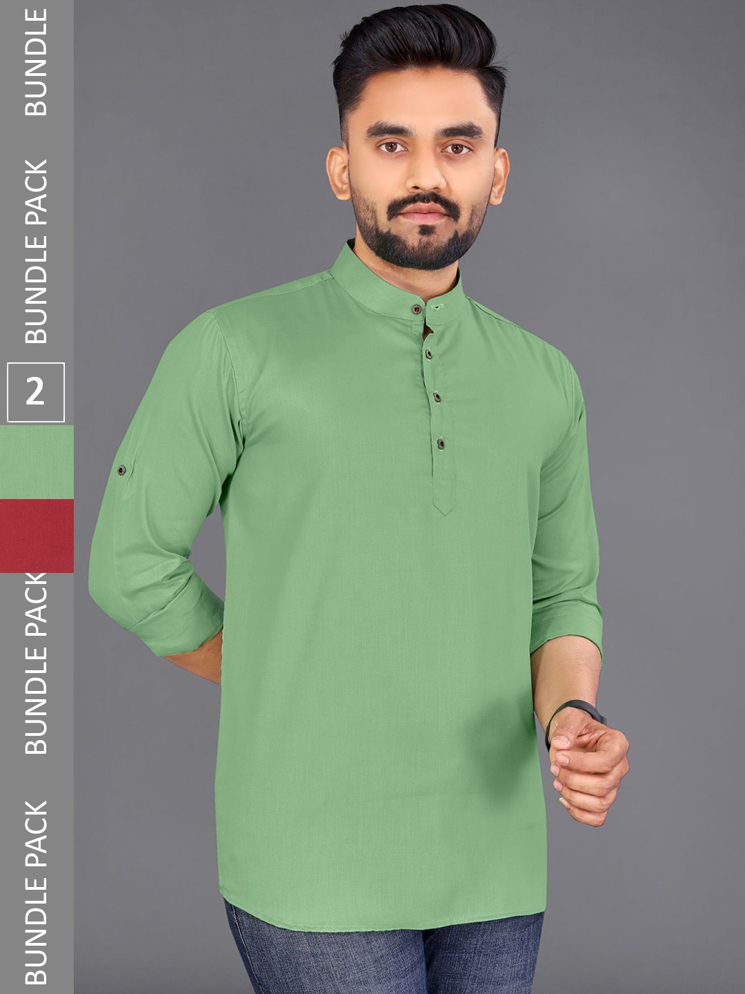 

ADWYN PETER Pack Of 2 Band Collar Short Cotton Kurtas, Green
