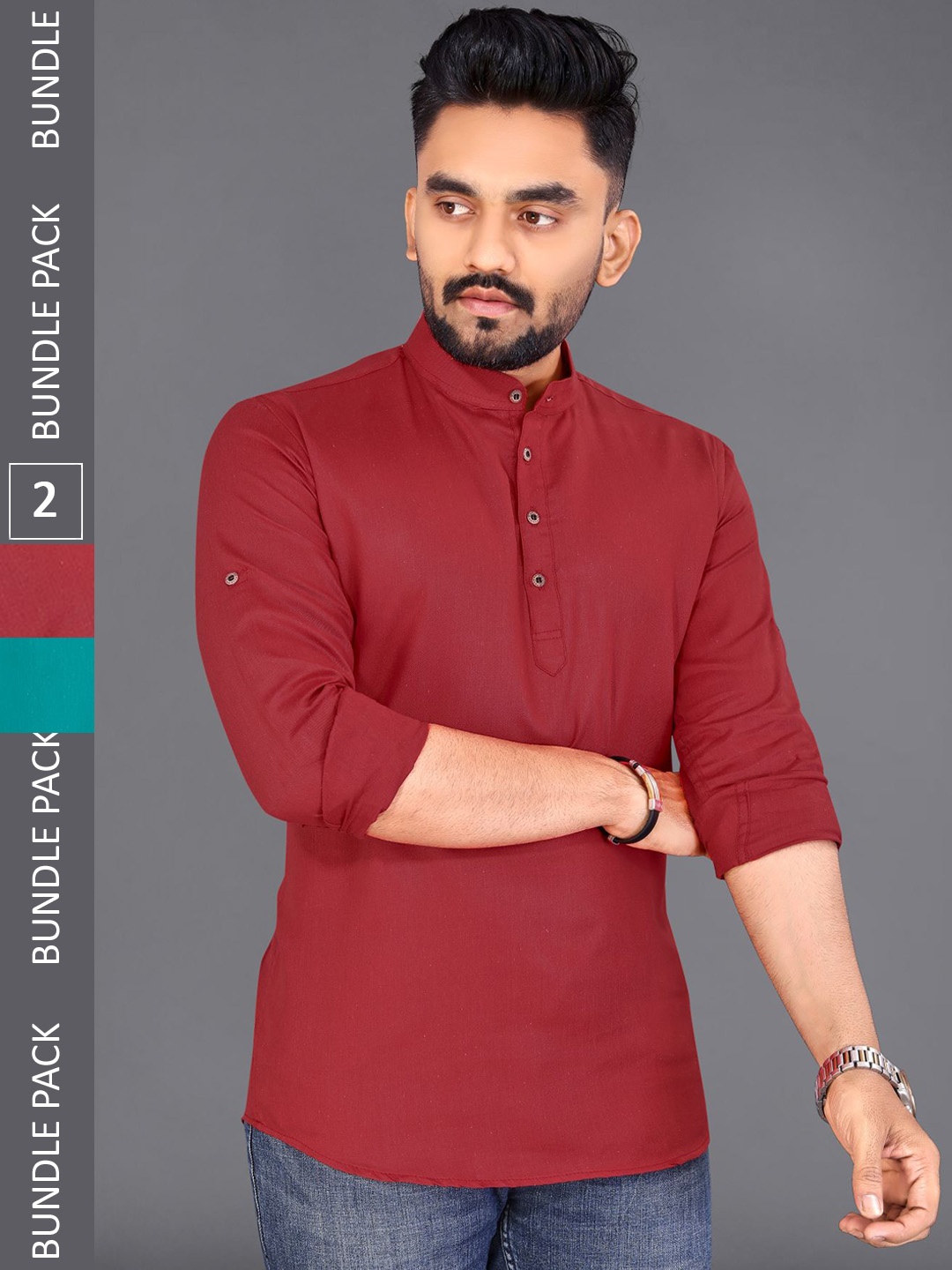 

ADWYN PETER Pack Of 2 Band Collar Cotton Short Kurtas, Maroon