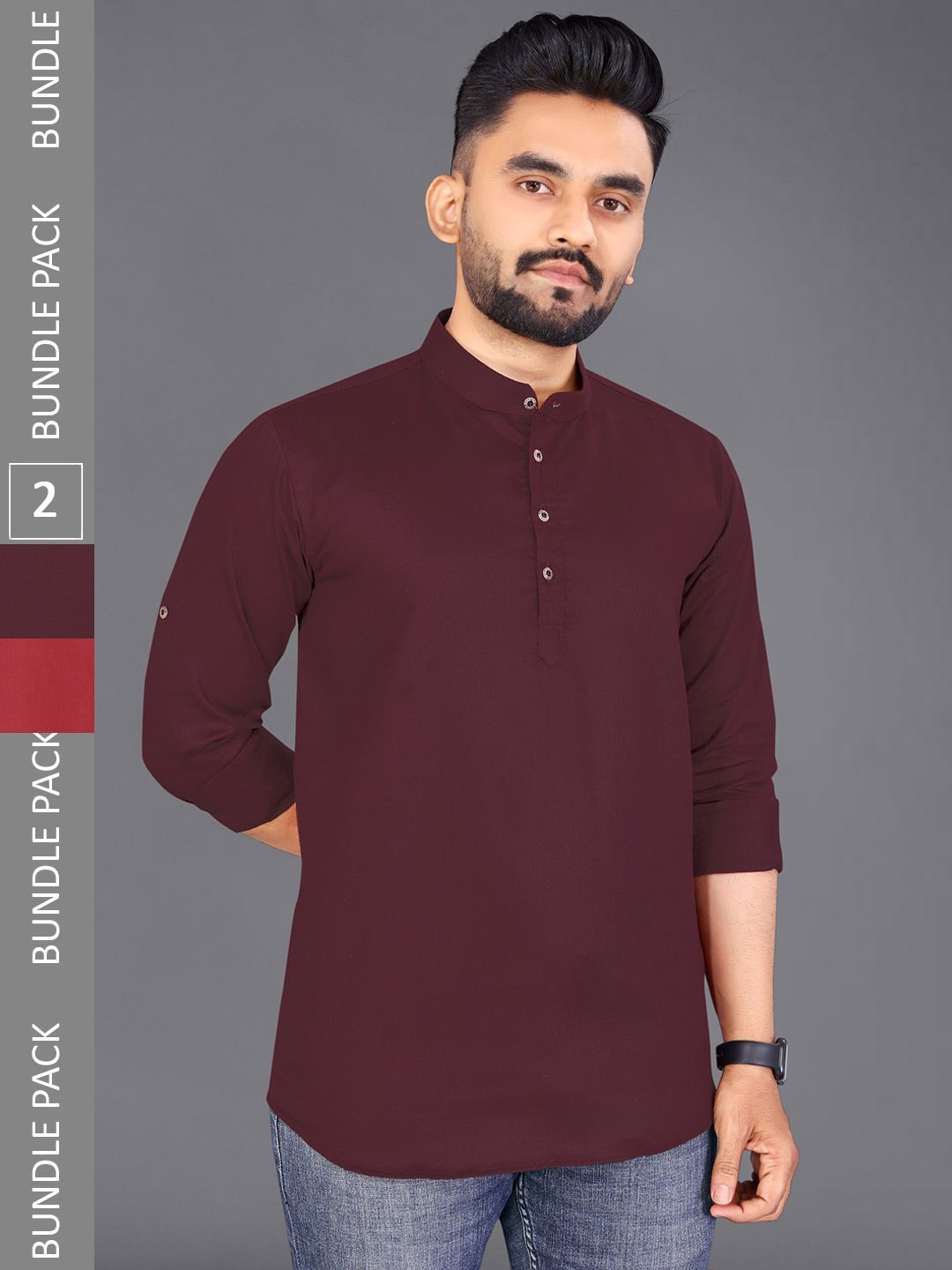 

ADWYN PETER Pack Of 2 Mandarin Collar Cotton Short Kurta, Maroon