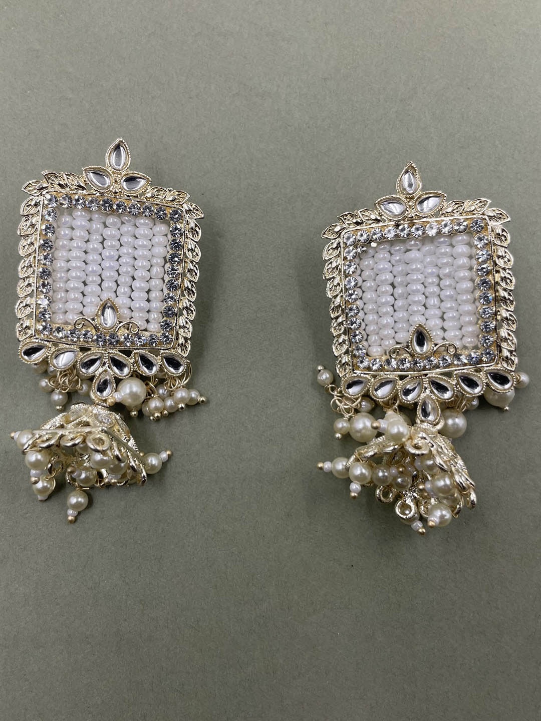 

Rhymee Gold-Plated Geometric Kundan & Pearls Studded Drop Earrings
