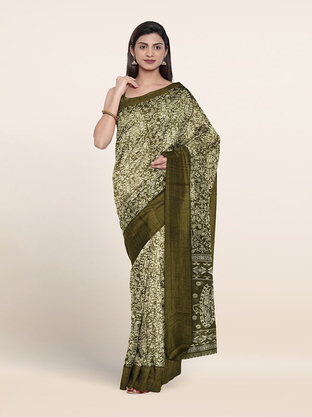 

Pothys Cotton Blend Paisley Printed Saree, Green