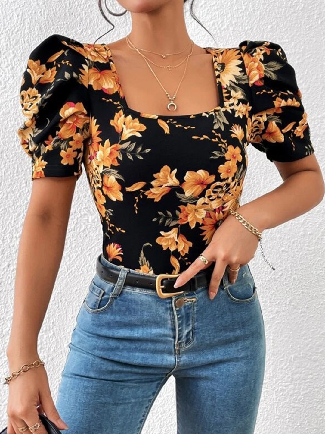 

RAJOVATI Floral Print Puff Sleeve Top, Black