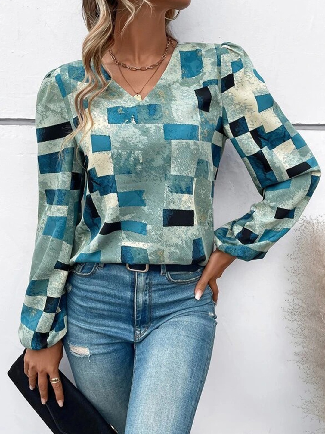 

RAJOVATI Geometric Print Cotton Top, Turquoise blue