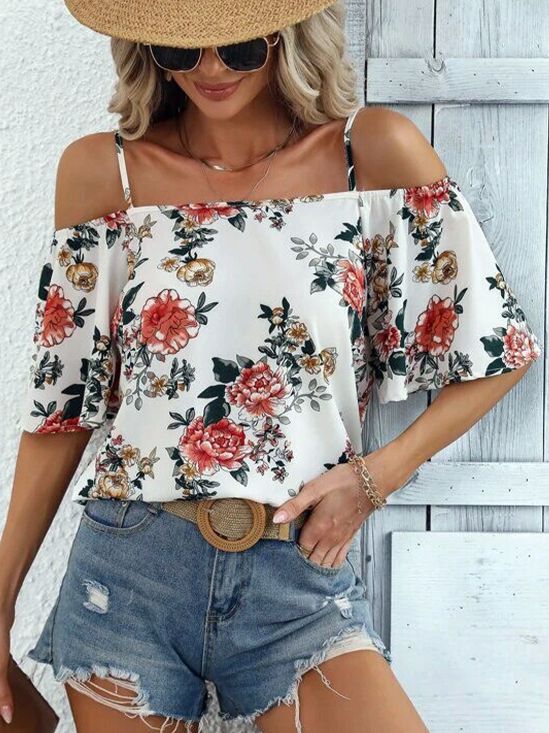 

RAJOVATI Floral Printed Shoulder Straps Cotton Bardot Top, White