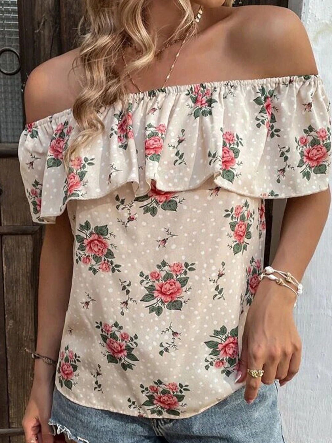 

RAJOVATI Floral Printed Off-Shoulder Ruffled Cotton Top, Brown
