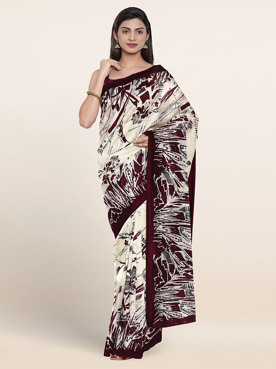

Pothys Abstract Printed With Printed Border Saree, Cream