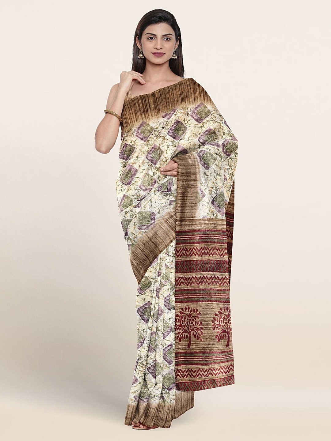 

Pothys Geometric Printed With Printed Border Saree, Cream