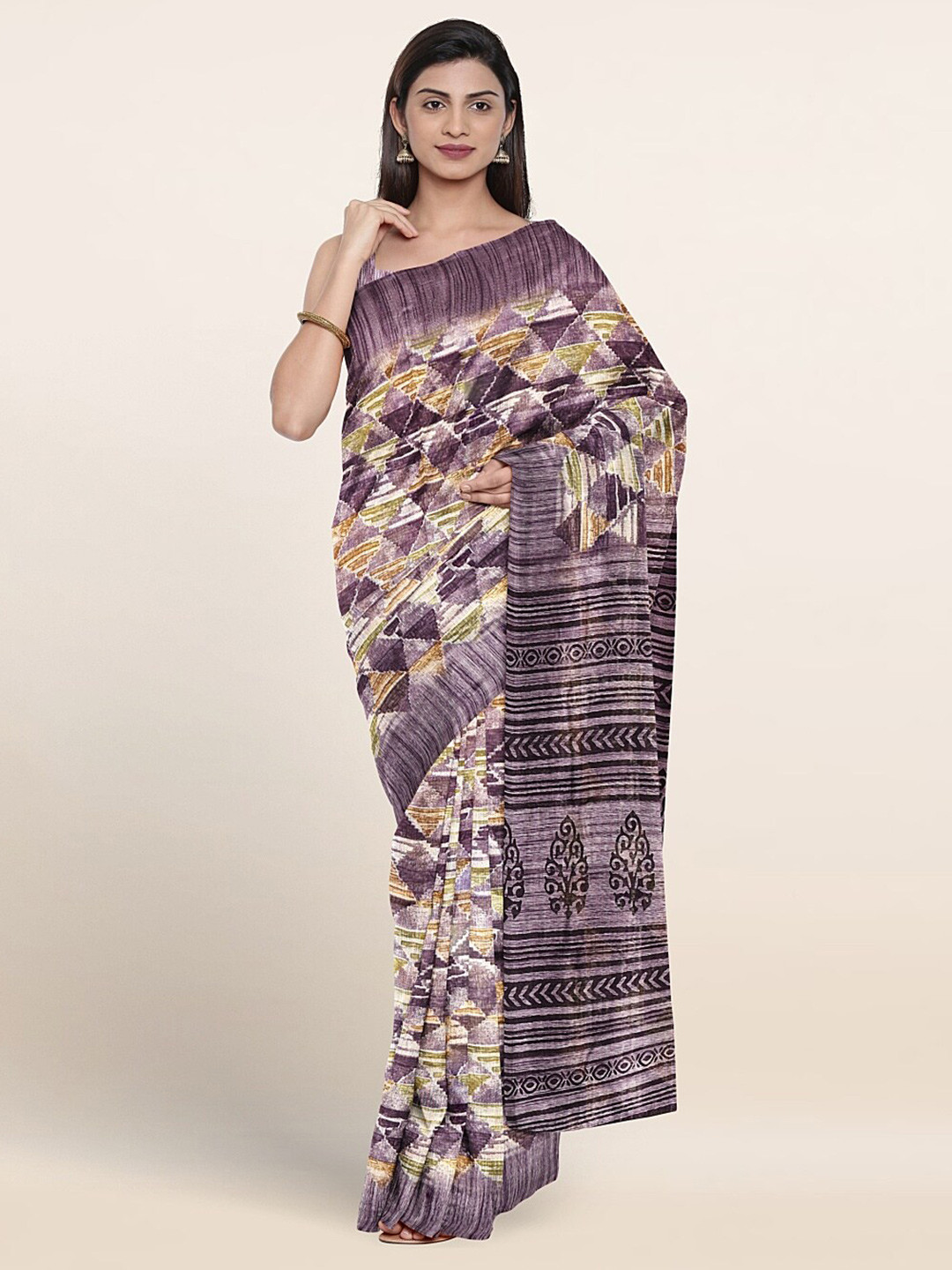 

Pothys Geometric Printed Saree, Cream