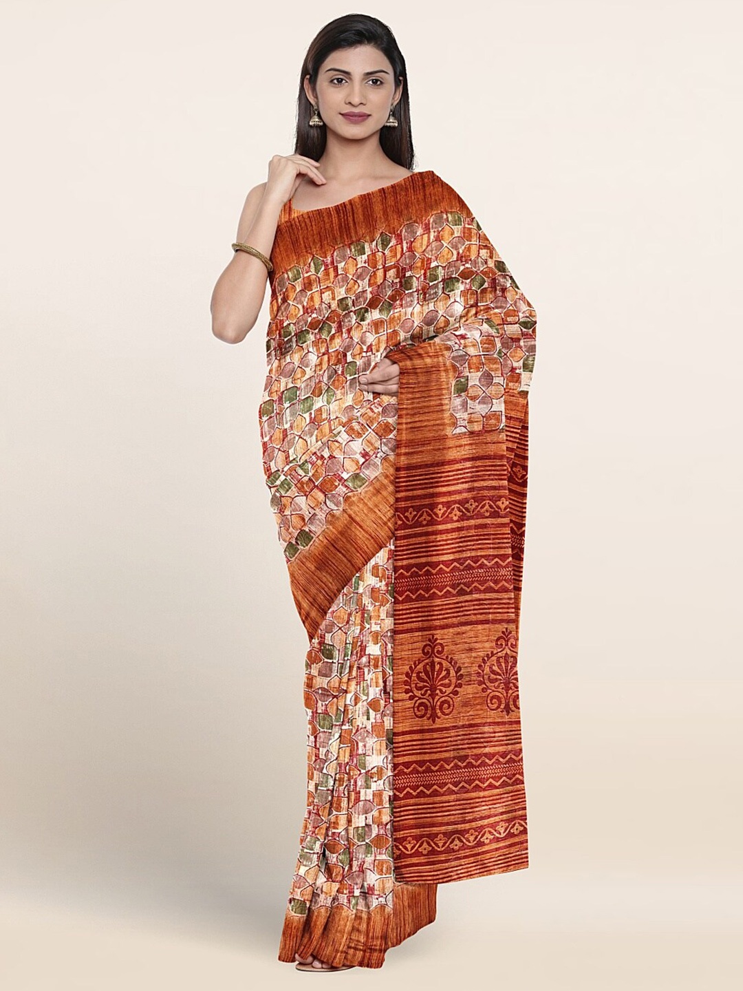 

Pothys Geometric Printed With Printed Border Saree, Rust