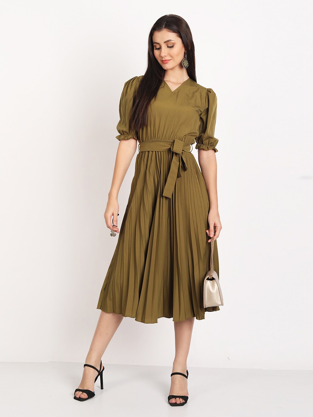 

DEKLOOK Accordion Pleats Puff Sleeves Fit & Flare Midi Dress, Olive