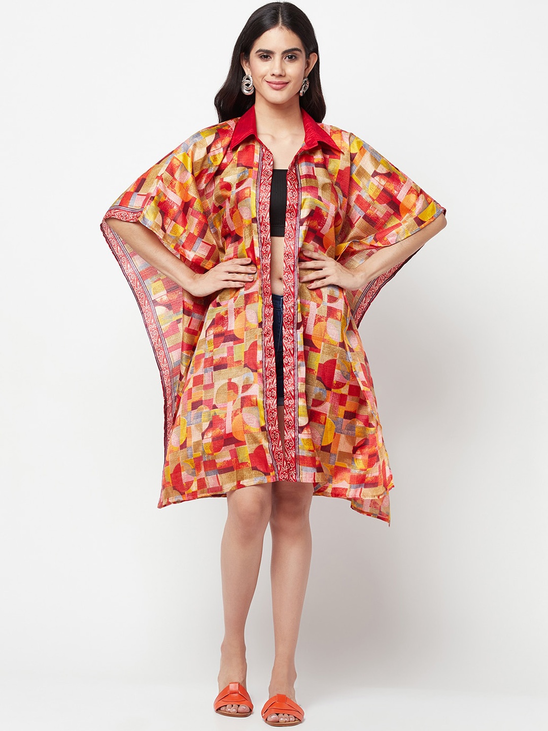 

La Vastraa Printed Silk Longline Kaftan Shrug, Orange