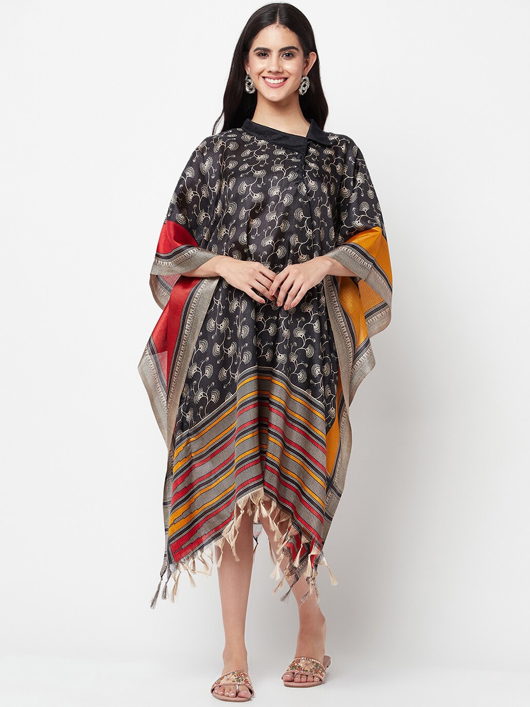 

La Vastraa Ethnic Motif Printed Shirt Collar Cotton Long Kaftan Ethnic Dress, Black
