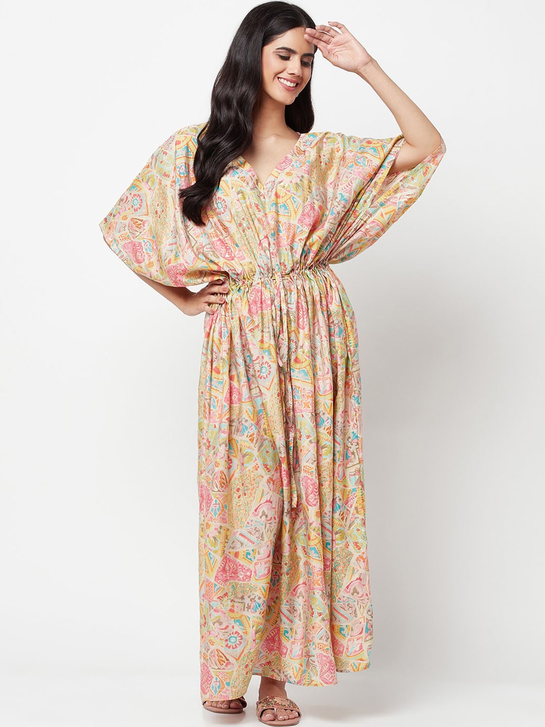 

La Vastraa V-Neck Printed Kaftan Maxi Ethnic Dress, Beige