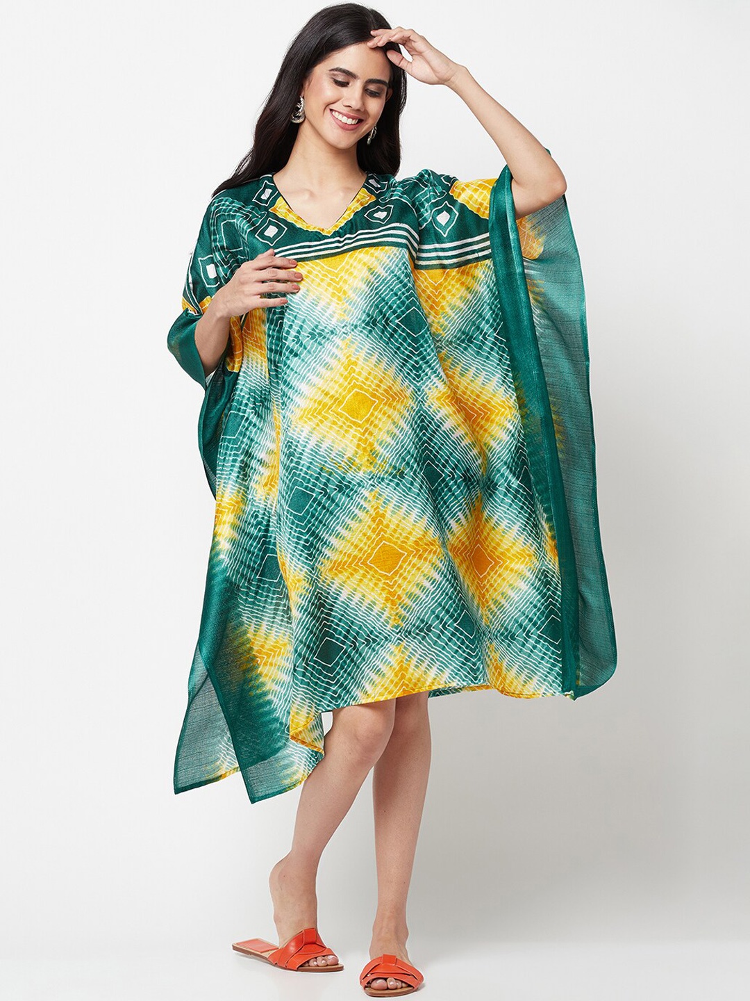 

La Vastraa Tie-Dye Printed Kaftan Ethnic Dress, Green