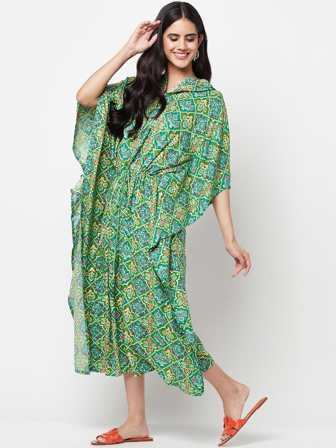 

La Vastraa Ethnic Motif Printed Kaftan Hooded Ethnic Dress, Green