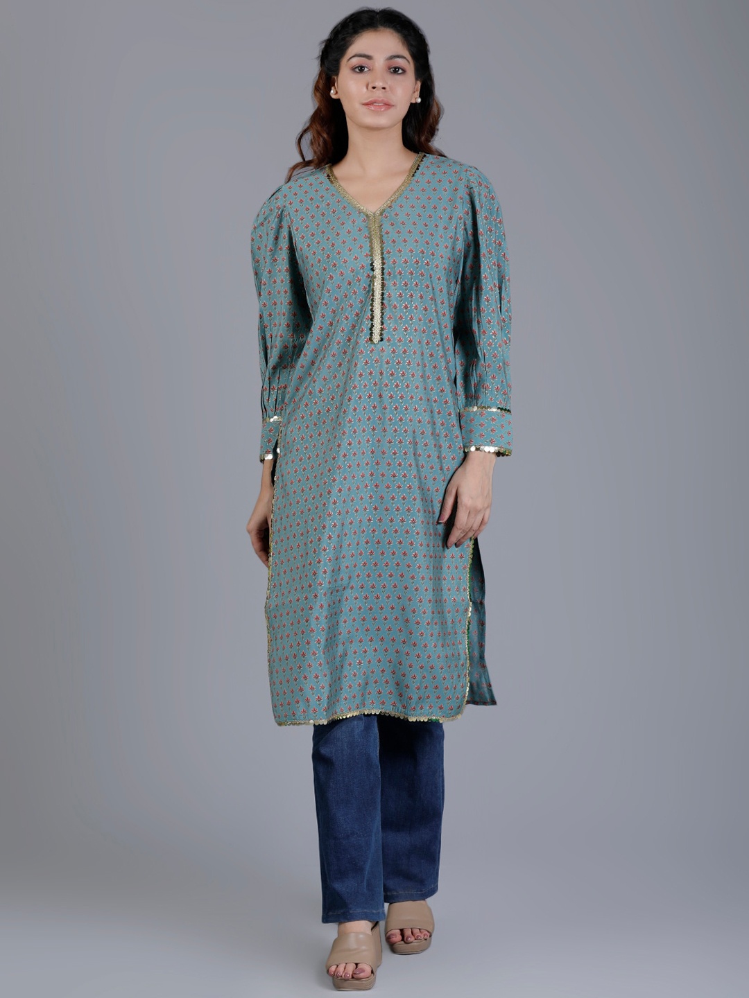 

V TRADITION Women Blue Geometric Flared Sleeves Thread Work Kurta