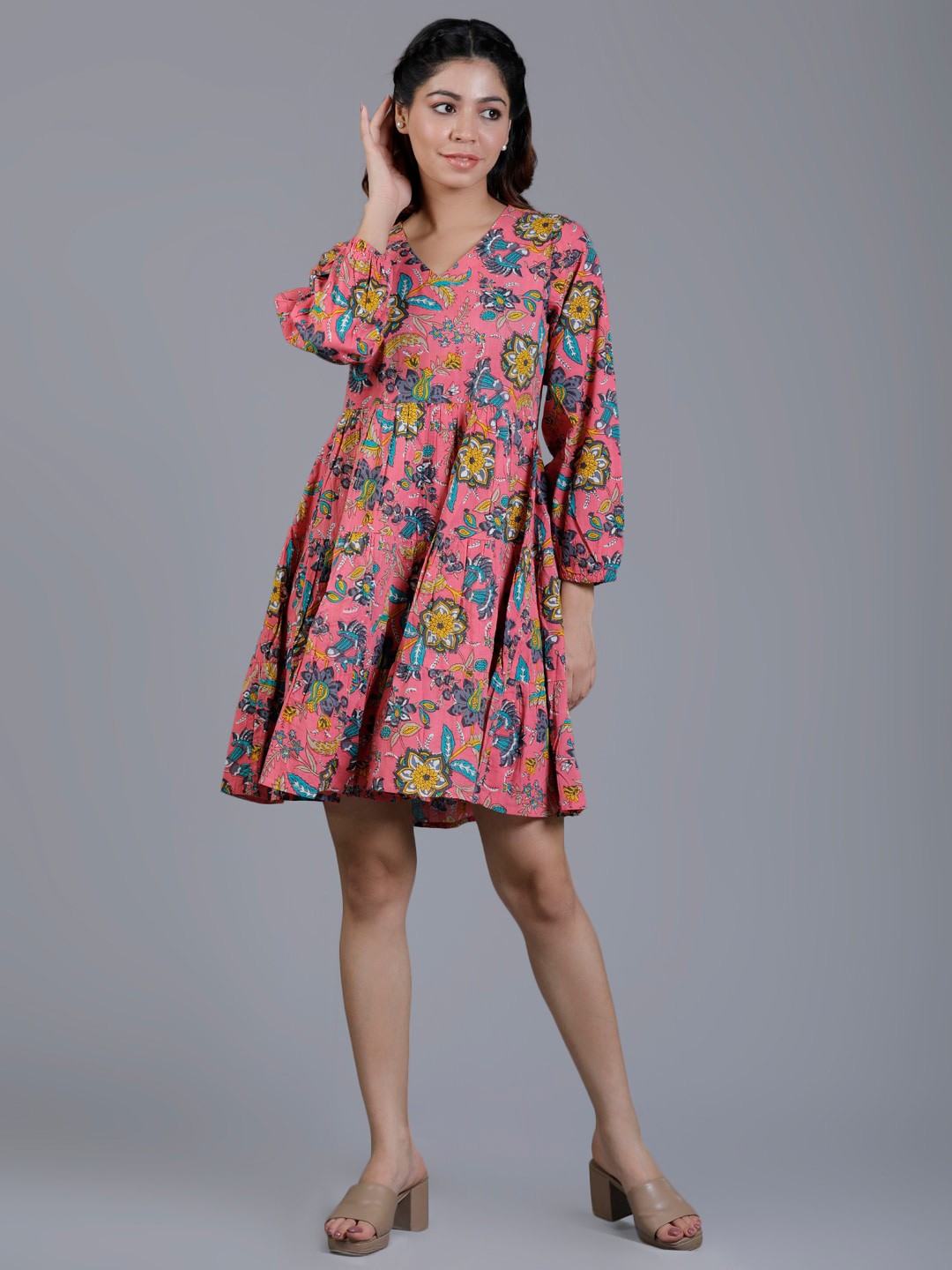 

V TRADITION Pink Floral Print Fit & Flare Dress