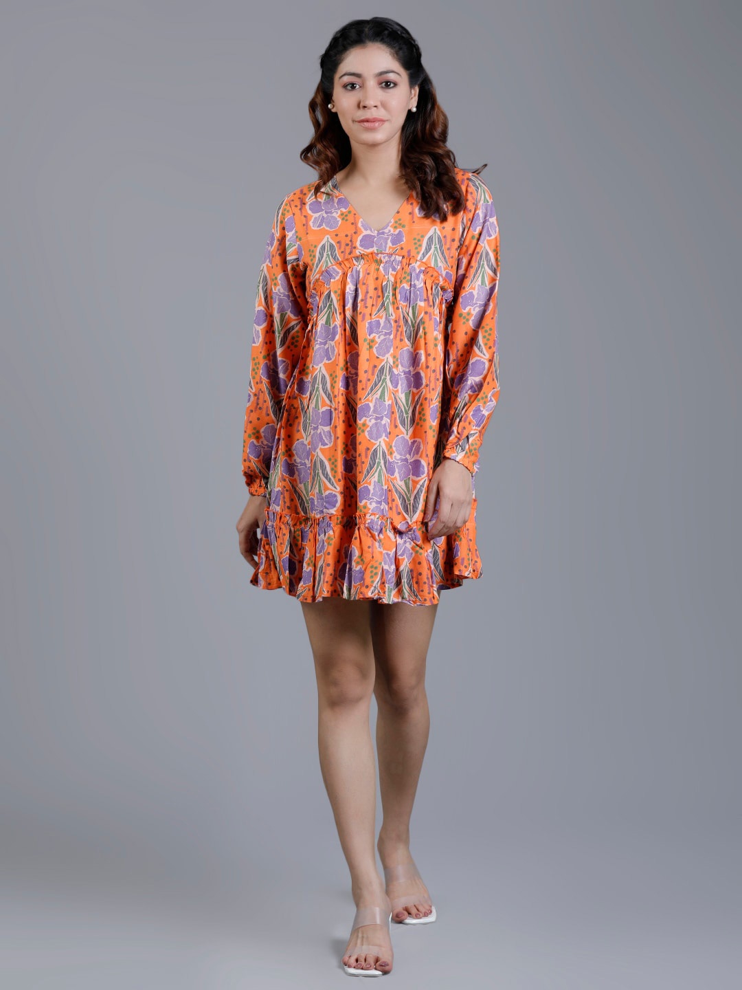 

V TRADITION Orange Floral Print A-Line Dress