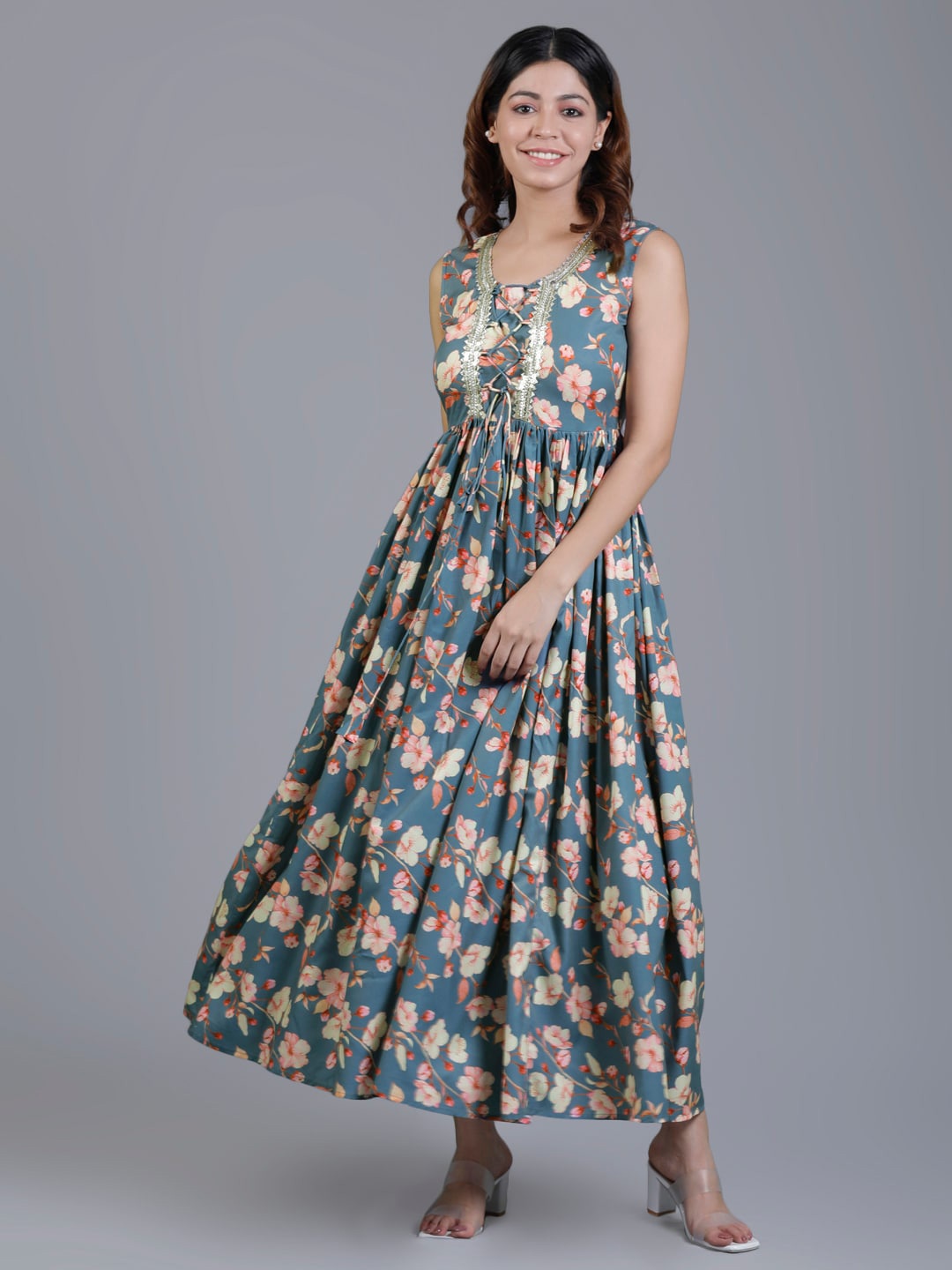 

V TRADITION Blue Floral Print Crepe Maxi Dress