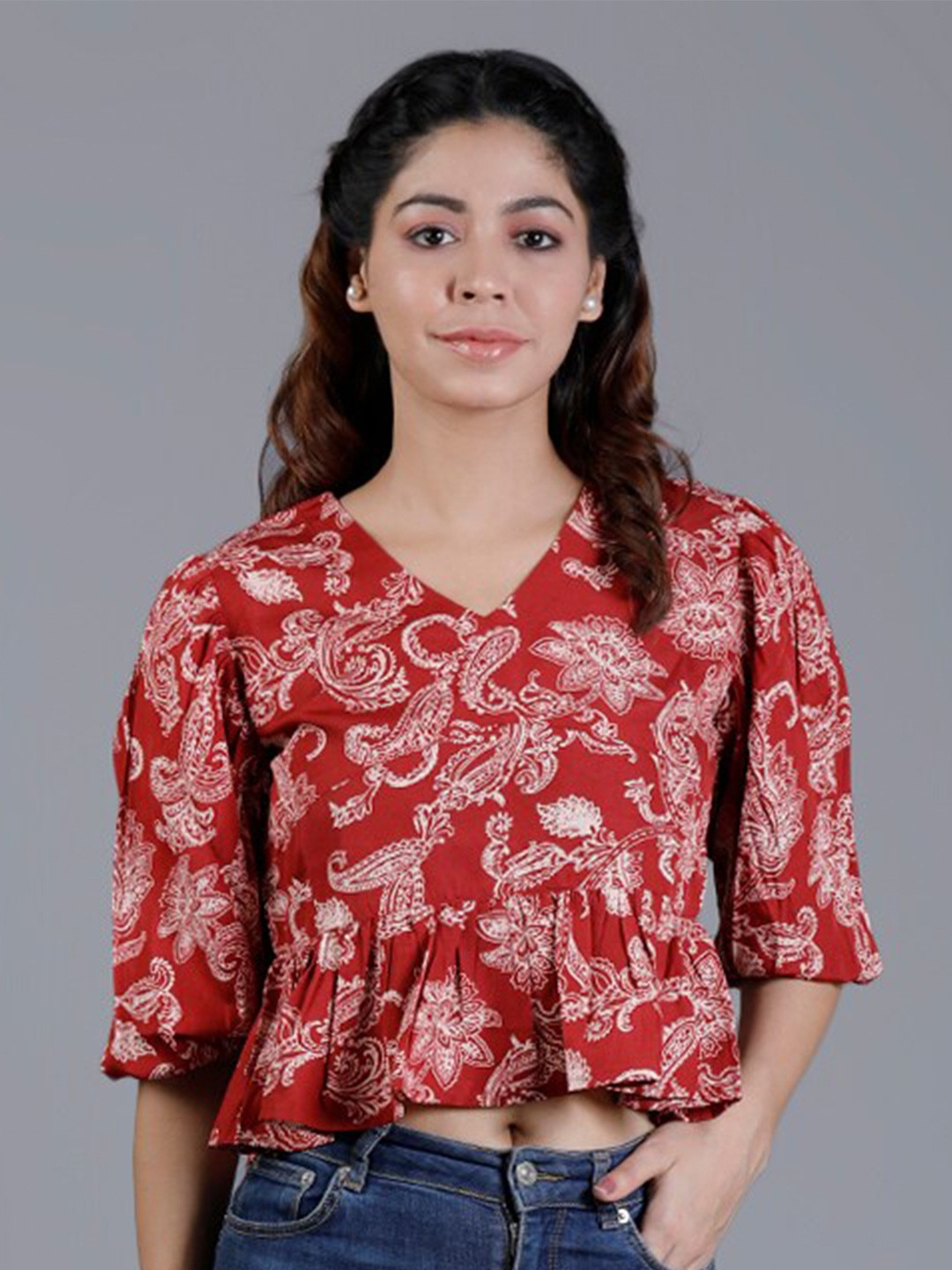 

V TRADITION Red Floral Print Crepe Blouson Top