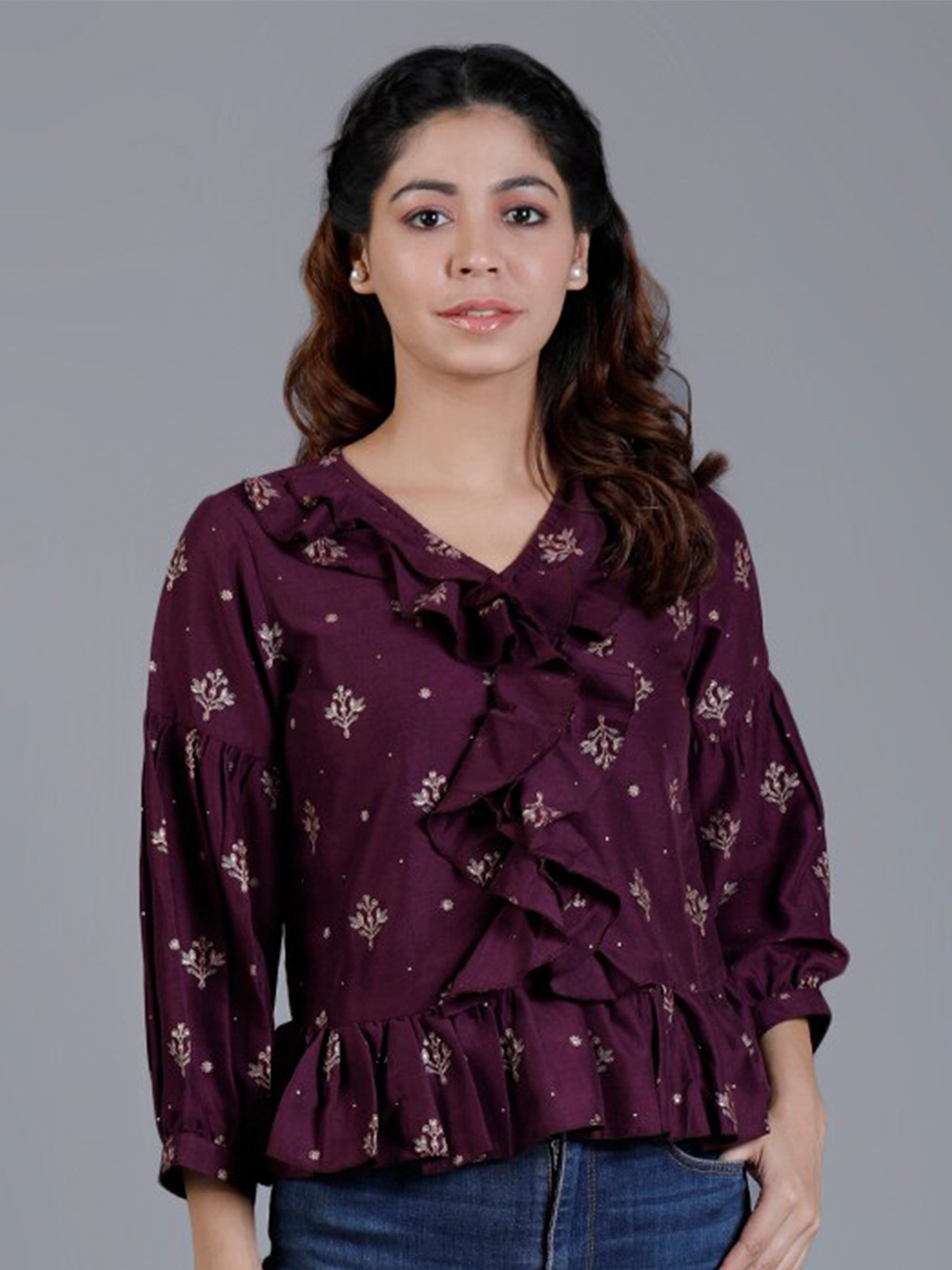 

V TRADITION Purple Floral Print Blouson Top