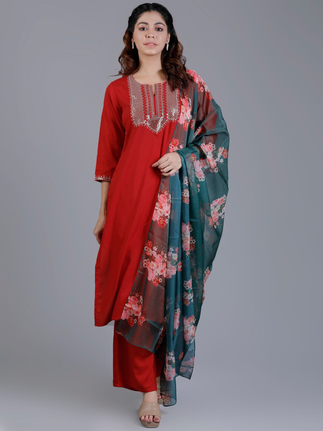 

V TRADITION Yoke-Design Notched Neck Sequined Straight Kurta & Trousers With Dupatta, Red