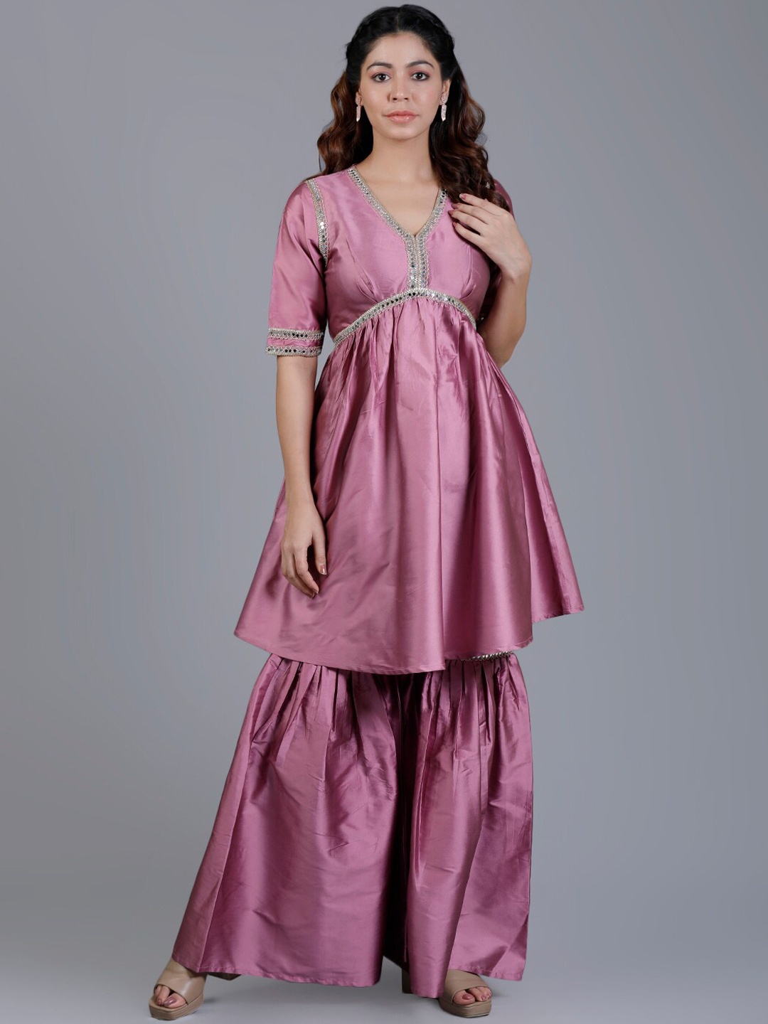 

V TRADITION Mirror Work Kurta with Sharara, Pink