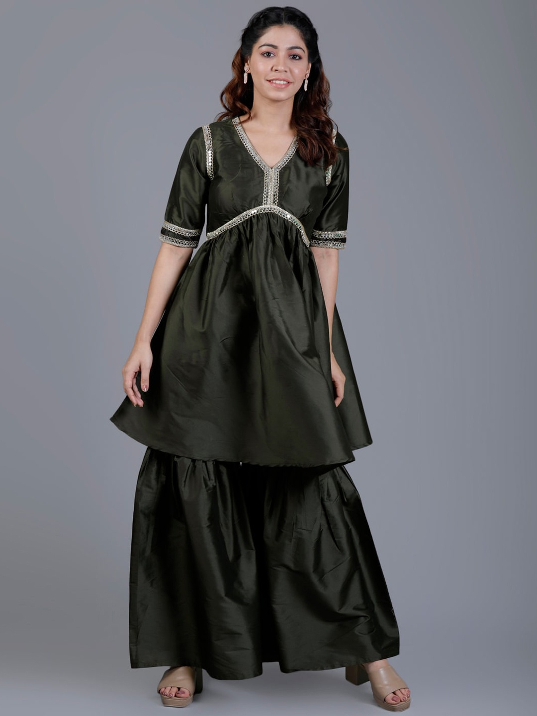 

V TRADITION V-Neck Mirror Work A-Line Kurta With Sharara, Green