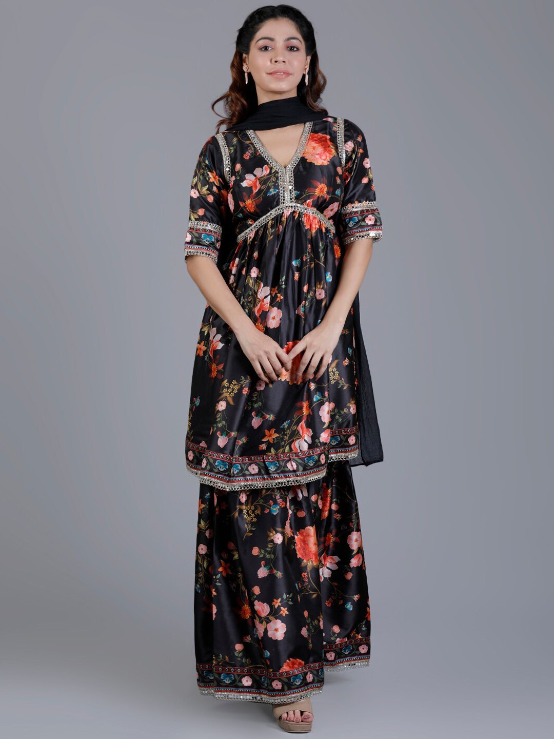 

V TRADITION Floral Printed A-Line Kurta & Palazzo With Dupatta, Black