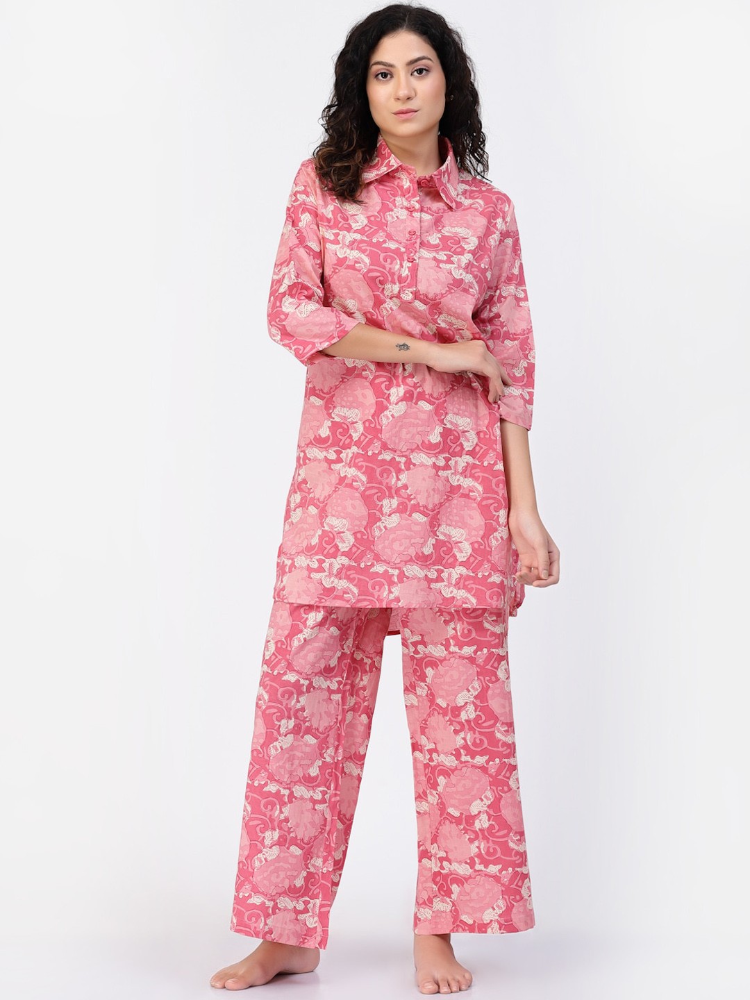 

Sweet Dreams Floral Printed Pure Cotton Kurti & Pyjamas, Pink