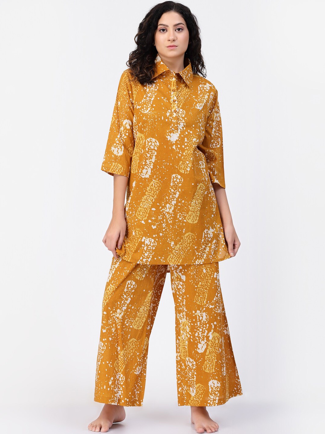 

Sweet Dreams Mustard & White Abstract Printed Pure Cotton Night Suit