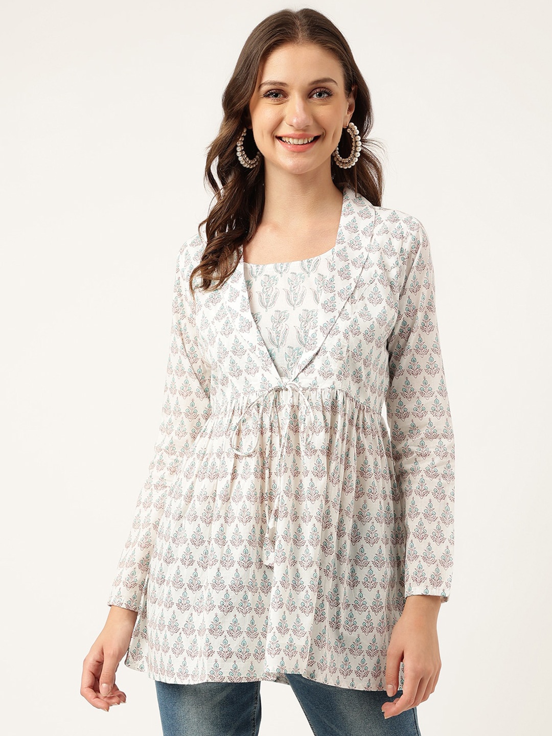 

Divena Floral Printed Cotton Empire Longline Top, White